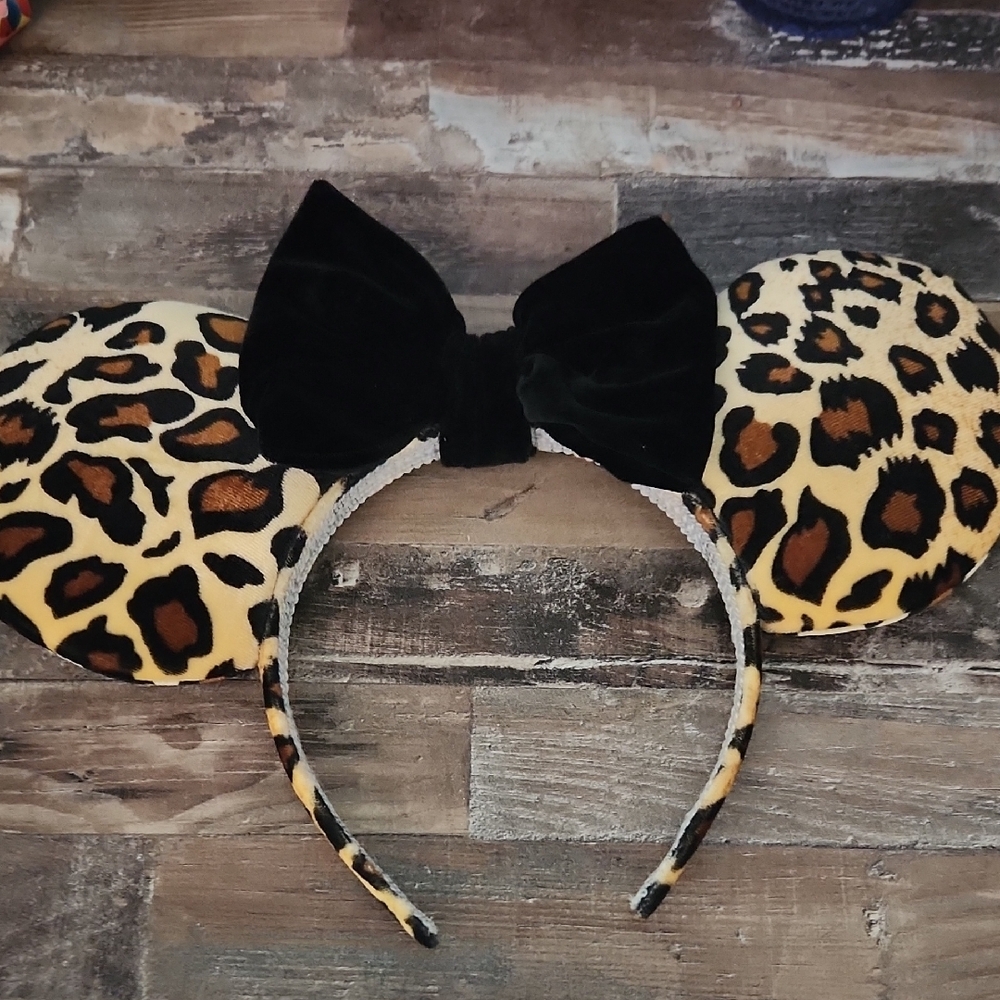 Leopard Print Mouse Ears Headband with Black Bow